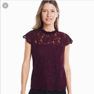 Burgundy Cap Sleeve Lace Overlay Top Blouse 
New